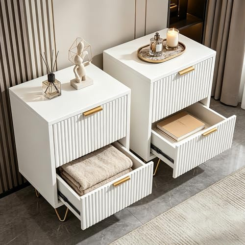 Julyue Lot de 2 Tables de Chevet, Commode avec 2 tiroirs, Table Basse avec Pieds et poignées dorées, Commode Moderne pour Salon, Chambre à Coucher (Blanc)