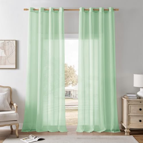 Softalker Vorhang Grün mit ösen Gardinen Wohnzimmer Transparent 225 cm Lang Stores Gardine Schal 2er Set Leinenoptik Vorhänge Schlafzimmer 140 cm Breit für Schiene Deko Küchen Kinderzimmer