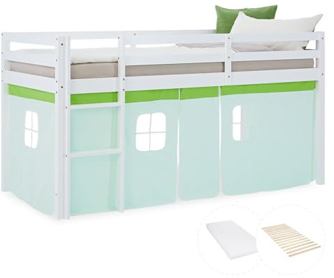 Homestyle4u Hochbett 90x200 grün Vorhang Bettzelt Kinderbett mit Rausfallschutz Holz Kiefer Massiv Lattenrost Matratze