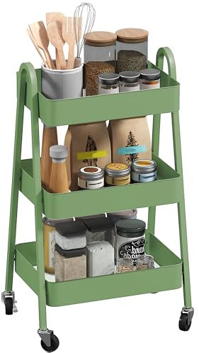 HOMCOM 3-Tier Storage Trolley on Wheels, Rolling Utility Cart with Handles, Mobile Kitchen Storage Cart for Living Room, Dining Room, Bedroom, Bathroom, Green