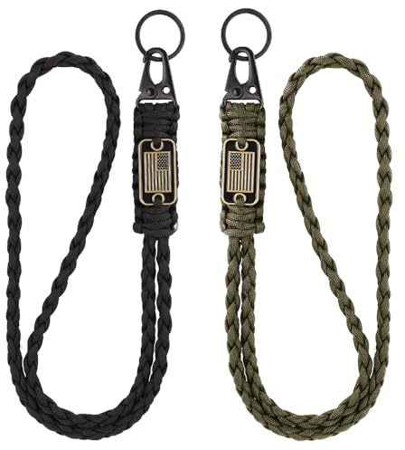 weryerker 2pcs Durable Heavy Duty Braided Paracord Lanyard Keychains with USA Flag for ID Card Badge Holder, Outdoor Survival (2pcs Black+Green)