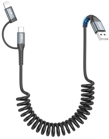 SUNGUY USB auf Light-ning Spiralkabel, MFi 1.2M【Empfohlene Dehnlänge: 0.3–0.8m】 2 in 1 USB auf Typ C und Light-ning Kabel für Android Auto Carplay iphone 11/15, Galaxy S24,Google Pixel, Xiaomi-Grau