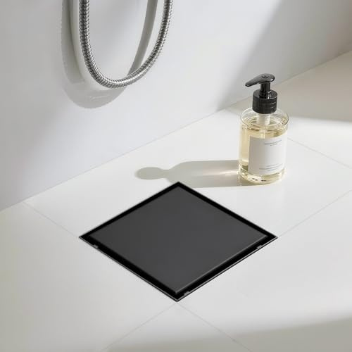 KINKIBOS Duschrinne Quadrat Befliesbar 15 * 15cm Schwarz Matt, 360°Siphon mit Geruchsstop und Haarsieb, 304 Edelstahl Ablaufrinne Bodenablauf Duschablauf sehr flach DN50 DN40