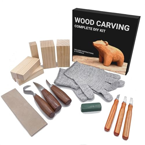 Artnova Holzschnitzset für Anfänger - Set mit Messern, Schnittschutzhandschuhen Größe L, Lindenholzblöcke, Schärfer, Polierpaste, Tasche und Anleitung mit Tutorials