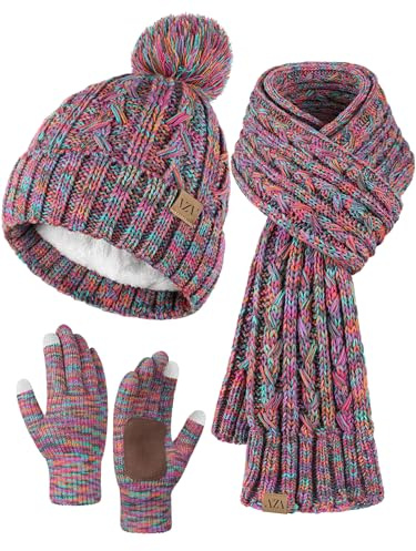 VZV Damen 3-teiliges Winter-Set: Touchscreen Handschuhe, warme Strickmützen mit Bommel und Langer Fleece-Schal - gefüttert, Winddicht, griffig - Geschenk für Frauen​ (Mehrfarbig, Einheitsgröße)