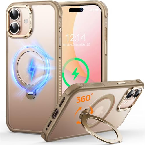 CUTELFON O3 Mag-Ständer Entwickelt für iPhone 17 Hülle mit 360° Ständer,[Kompatibel mit MagSafe][Super Hautgefühl] Durchscheinende Matte Magnetische Schlanke Handyhülle 6,3,Matt Gold