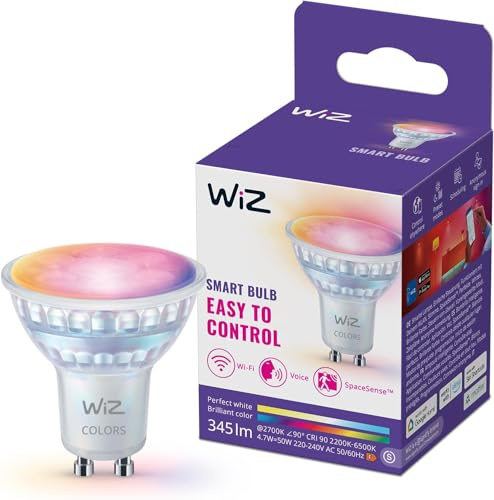 WiZ Smart LED Glass GU10 Spotlight, Full Color and Tunable White, 50W Equivalent, 2200-6500K, 345 Lumens, Dimmable, Works with Alexa, Google Assistant, and Apple Home, 1 Pack