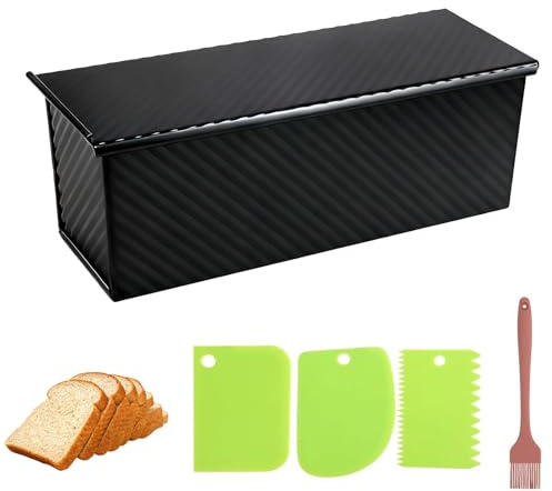 Yeqqzq Pullman Loaf Tin with Lid, 2 LB Dough Capacity Non-Stick Bakeware with Dough Scraper Cutter & Oil Brush for Baking Bread, Homemade Sourdough & Sandwich Bread (Black)