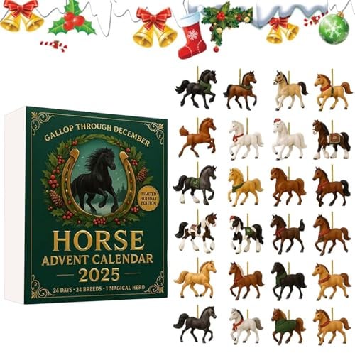 Pferde Adventskalender 2025, Weihnachts-Countdown-Kalender mit 24 einzigartigen Pferden Figuren Urlaubskalender für Pferdeliebhaber Sammler und saisonale Heimdeko