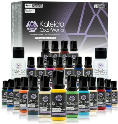 Gaahleri Kaleido Primary 24-Color Set B – Water-Based Acrylic Airbrush Paint, Pre-Thinned, High Gloss, Fast-Drying, with Thinner & Cleaner