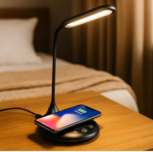 GRUNDIG Schreibtischlampe mit Kabelloser Ladefunktion - LED Nachttischlampe Dimmbar mit Touch - Tischlampe mit 3 Lichtfarben - USB-C Stromversorgung - Flexibler Lampenarm