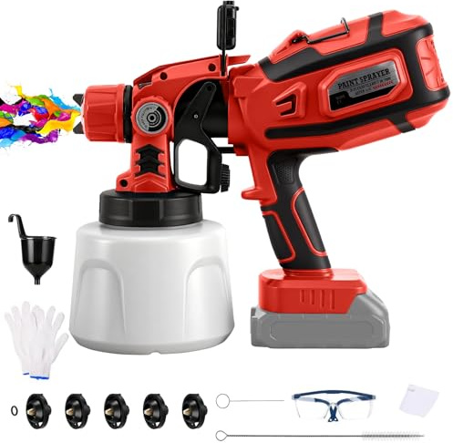 Akku Farbspritzgerät mit LED-Leuchte für Milwaukee 18V-Akku (ohne Batterie) | 200 W, Elektro Farbsprühsystem, mit 1,4L-Behälter, 3 Mustern, 5 Sprühdüsen, Reinigungsbürste, Handschuhen, Schutzbrille
