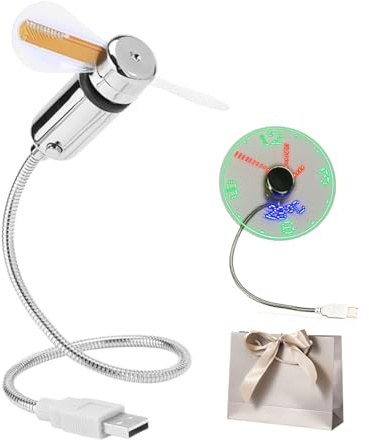 Gienslru USB-LED-Uhr-Ventilator mit Echtzeit-Temperaturanzeige, Flexiblem Gooseneck, Leiser Mini-Tischventilator für Laptop, PC und Büro (1Set)