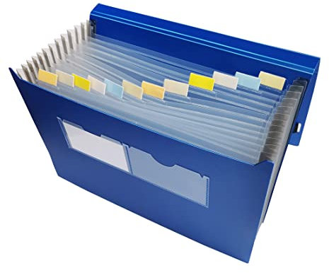 EXXO by HFP 41627 Fächertasche passend für A4 Unterlagen, 12 dehnbare Fächer mit Klarsicht-Taben, Gummiband-Verschluss und Namensschildtaschen, Farbe: blau – 1 Stück