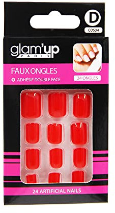 Glam’Up Paris - Faux Ongles - Pleine Couverture - Facile à Utiliser - 24 Faux Ongles par Boîte + Adhésifs Double Face - Forme Carrée Arrondie - N°34 - Rouge