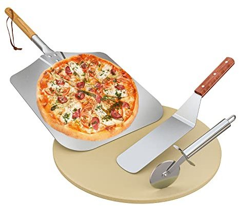 Onlyfire 4 pcs Pizza Stone & Peel Set, Pizza Making Kit for Oven Grill BBQ