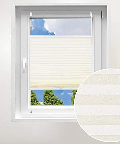 Laneetal Plissee ohne Bohren Klemmfix, Jalousie Faltrollo Crushed Optik, Creme 65 x 130 cm, mit Spannschue für Fenster und Tür, Easyfix klemmträger und verspannt, Sonnen-, Sicht- & Schallschutz