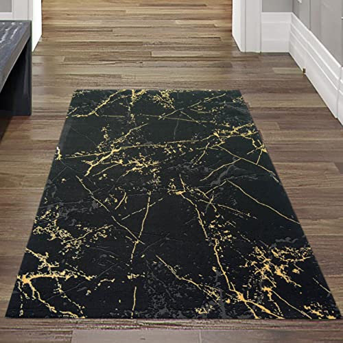 Teppich-Traum moderner Wohnzimmerteppich LÄUFER mit abstraktem Muster in schwarz Gold, Größe 80x150 cm