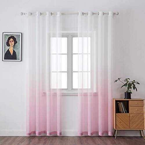 MIULEE Gardinen Transparent Vorhänge Farbverlauf Voile Sheer 2er Set Vorhang mit Ösen Dekoschal Fensterschal für Schlafzimmer und Wohnzimmer 160 cm x 140 cm(H x B) Weiß Rosa