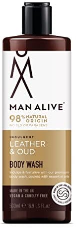 MAN ALIVE Shower Gel for men, 500ml mens body wash & face wash contains a masculine scent, Vegan, SLS Free & sulfate free formula. ideal mens grooming gifts for men (Leather & Oud, Single)