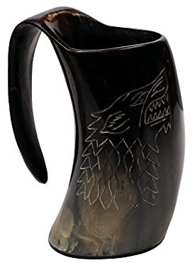 Aasiya Nautical Vikings Valhalla's Game of Thrones Stark House Trinkhornbecher - Geschnitzter Wolfskrug für Bier, Wein, Met & Ale