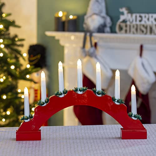 The Christmas Workshop 71189 Red Arched Wooden Candle Bridge / 7 Warm White LEDs/Indoor Christmas Decoration / 44cm x 27cm x 4.5cm / Battery Operated