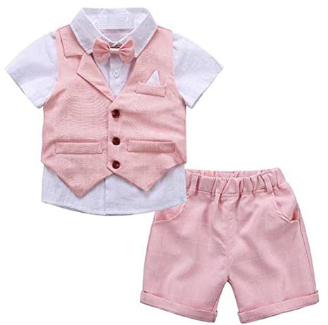 Doomiva Bébé Garçon Costume Smoking de Baptême Cérémonie Mariage Fête Chemise avec Noeud Papillon et Short Smoking Costume D'été 9 Mois-6 Ans Rose 4-5 Ans