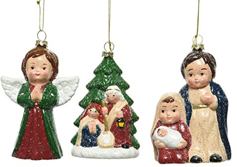 Kaemingk Christbaumschmuck Kunststoff 12cm x 3 Stück Weihnachtskrippe Weihnachtskugeln Jesus Maria Engel bunt