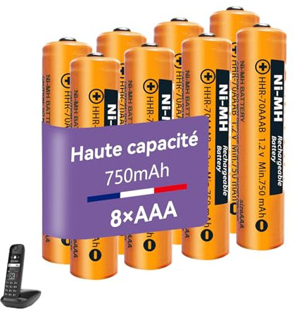 Lot de 8 Piles Rechargeables NIMH (1,2V) 750 mAh pour téléphone sans Fil Gigaset, AAA/Micro Batteries Rechargeables pour Panosonic