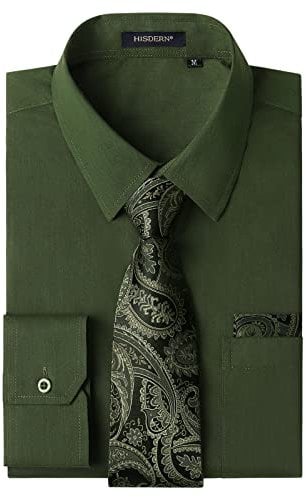 HISDERN Men's Green Shirts Long Sleeve Smart Formal Plain Dress Shirt and Tie Set Business Casual Wedding Regular Fit M