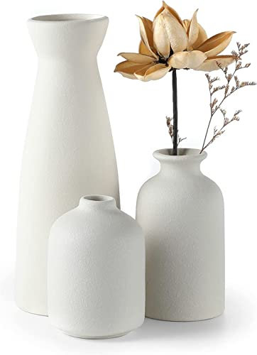 CEMABT White Ceramic vase Set-3 Small Flower vases for Decor,Modern Boho Farmhouse Home Decor,Decorative vase for Pampas Grass&Dried Flowers,idea Shelf,Table,Bookshelf ,Entryway- Distressed