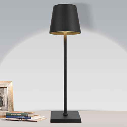LMYDIDO Rechargeable Cordless LED Table Lamp, Battery Powered 5200mAh Dimmable Portable Waterproof Metal Retro Light with Touch Switch, Great Idea for Bedroom, Office, Reading, Work, Study (Black)