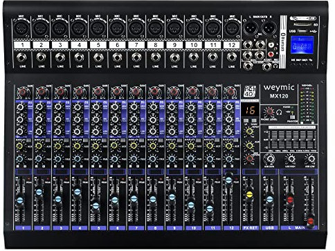Weymic MX-120 Mixer professionale (12 canali) per la registrazione DJ Stage Karaoke DSP Effector w/USB Drive per l'ingresso di registrazione, XLR Microphone Jack, alimentazione 48V, uscita RCA