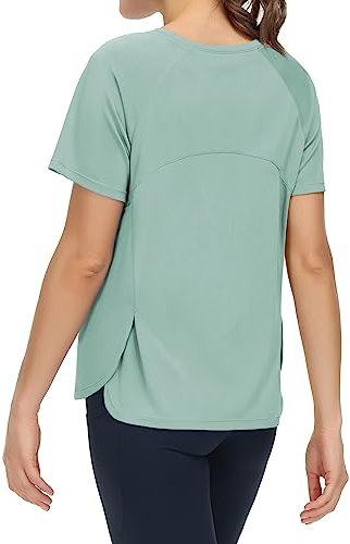 THE GYM PEOPLE Damen Kurzärmeliges Shirts mit Rundhalsausschnitt Atmungsaktiv Yoga T-Shirts mit Seitenschlitzen Light Green M