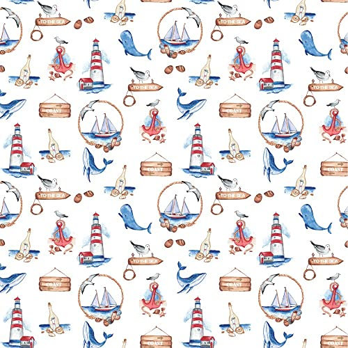 Meterware, Stoffe zum Nähen für Kinder, 100% Baumwolle: 0,5m Baumwollstoff Sommer & Meer - Segelschiff Anker Leuchtturm Flaschenpost Möwe Wal Muscheln - blau rot weiß - Mädchen und Jungen Kinderstoff