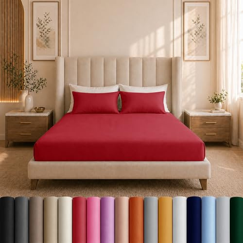 Moonlight Bedding Super King Fitted Sheet Red - Premium 25cm Deep Pocket Fitted Bed Sheets – Soft Brushed Microfiber & Wrinkle Free Fitted Bottom Sheet Fad Resistant Bed Sheet (180 x 200 Cm)