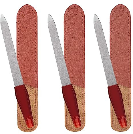3 Pack Metal Nail File with Sharp Pointed Tip and Leather Sheath Case for Natural Nails, 5 Inches Fingernail Files Stainless Steel Manicure Double Sided Sapphire Grit Nail Filer Silver Brown