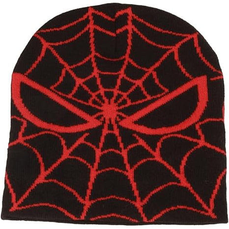 CORIRESHA Unisex Spinnennetz y2k Beanie Strickmützen Warm Gemütlich Herbst Winter Caps, Schwarz Rot, Einheitsgröße