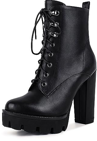 wetkiss Plateau-Stiefel für Frauen, Heeled Combat Boots Chunky Heel Booties Round Toe Lace Up High Heel Ankle Boots, Mattes Schwarz, 44 EU