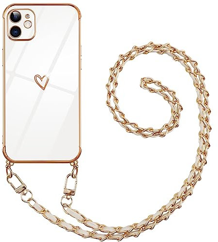 Pnakqil Coque pour Apple iPhone 11 6,1 avec Cordon, Case avec Chaîne Métallique-Housse, TPU Silicone Motif Coeur d'amour Mignon Étui Bumper Protection de Collier Lanyard Cases, Blanc