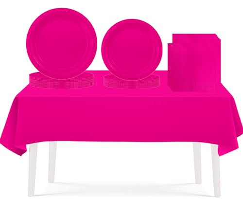 53PCS Hot Pink Party Tableware Decorations for Kids Birthday, Disposable Tableware Set with Tablecloth, 7inch & 9inch Paper Plates, Paper Napkins for Xmas, Birthday, Wedding Party Favor