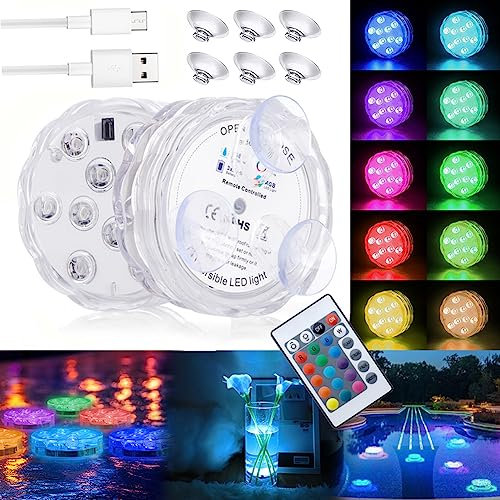 Waterproof Underwater Light, Submersible LED Lights, with Remote Control, Hot Tub Lights USB Rechargeable 16 Colors Changing Light Shower Light for Decorate Party, Wedding, Halloween, Christmas 2Pack