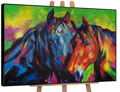 YS-Art Abstrakt Acryl Gemälde auf Leinwand Vielfarbige Mähnen handgemalt Wandbilder Wohnzimmer modern Wohndekor Bild Pferde Liebe echte Kunst 120x80 cm