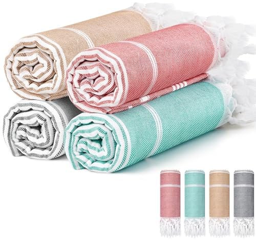 Nuenen 4 Stück Hamamtücher 90 x 200 cm Weiche Strandtücher für Erwachsene Saugfähige Große Saunatücher Türkische Leichte Badetücher Kompakte Handtücher für Yoga Sauna Spa, 4 Farben (Stilvolle Farbe)