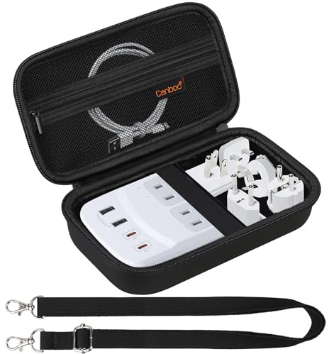 Canboc Carrying Case for Ceptics International Plug Adapter Kit, World Travel Adapter Kit Box with Removable Shoulder Strap, Zipper Mesh Bag fit USB Cable, Black (Case Only)