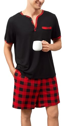 Yukiuiny Pyjama Homme Été Coton Ensemble Hauts de Pyjama Tee Shirt Manches Courtes Col V Boutons Vêtements d'Intérieur Plaid Carreaux Vêtements de Nuit Grande Taille Confortable M-3XL