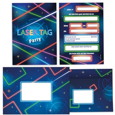 Limonia 8 Einladungskarten inkl. 8 Umschläge zum Kindergeburtstag Motto-Party Laser Tag Strahl neon Einladung Set Geburtstag Mädchen Kinder Jungs Jungen Boys Teenies