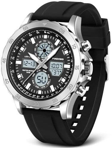 PINIDOUS Herren Uhren Sportuhr wasserdichte Militär Uhren Digitale Analoge Uhr für Herren,Aus Edelstahl Uhren mit Stoppuhr Alarm Licht Stündlicher Glockenschlag Multifunktions Armbanduhren