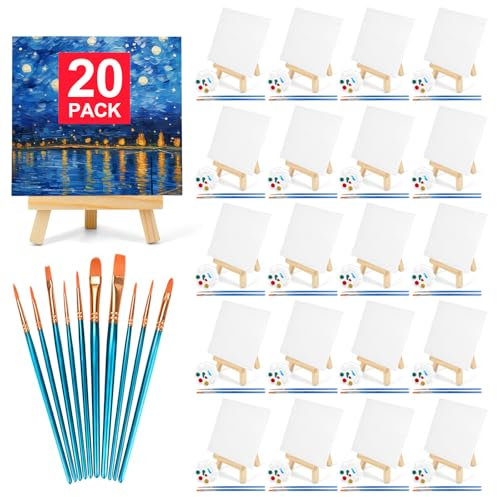 20 Stück 15 cm Leinwandtafeln zum Malen, Kunstleinwand zum Zeichnen mit 10 Pinseln und 5 Farbschalen, Mini-Malleinwand mit Staffelei-Set, Malsets für Erwachsene und Kinderpartys