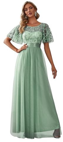 Ever-Pretty Women's Short Sleeve Embroidery Empire Waist A Line Floor Length Elegant Long Formal Evening Party Dresses Mint Green 16UK